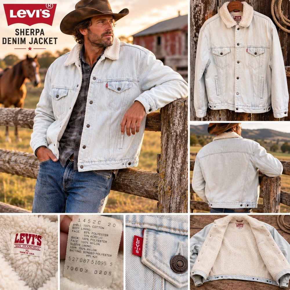 Levi's Sherpa Trucker Jacket USA Made 1452C Light Wash Denim Men's XL Vintage